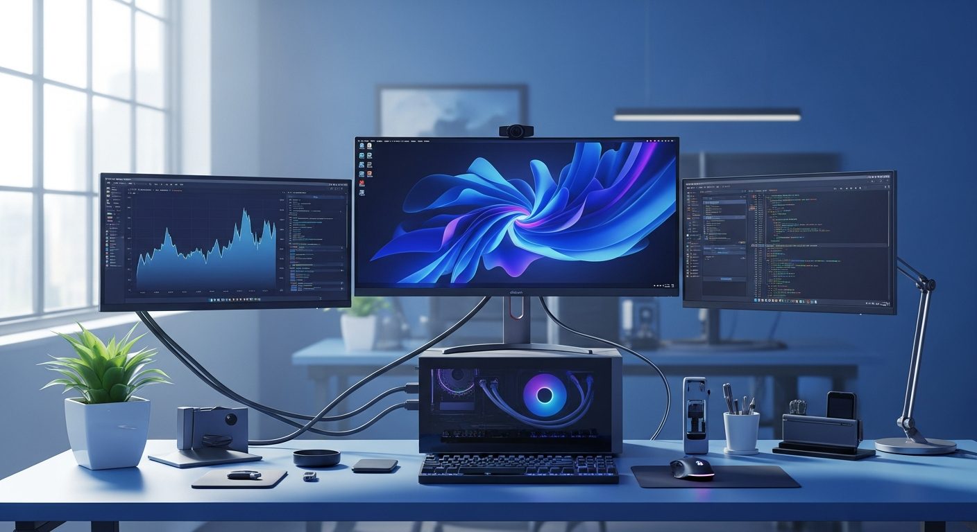 Equipo de cómputo y monitores en oficina tecnológica azul