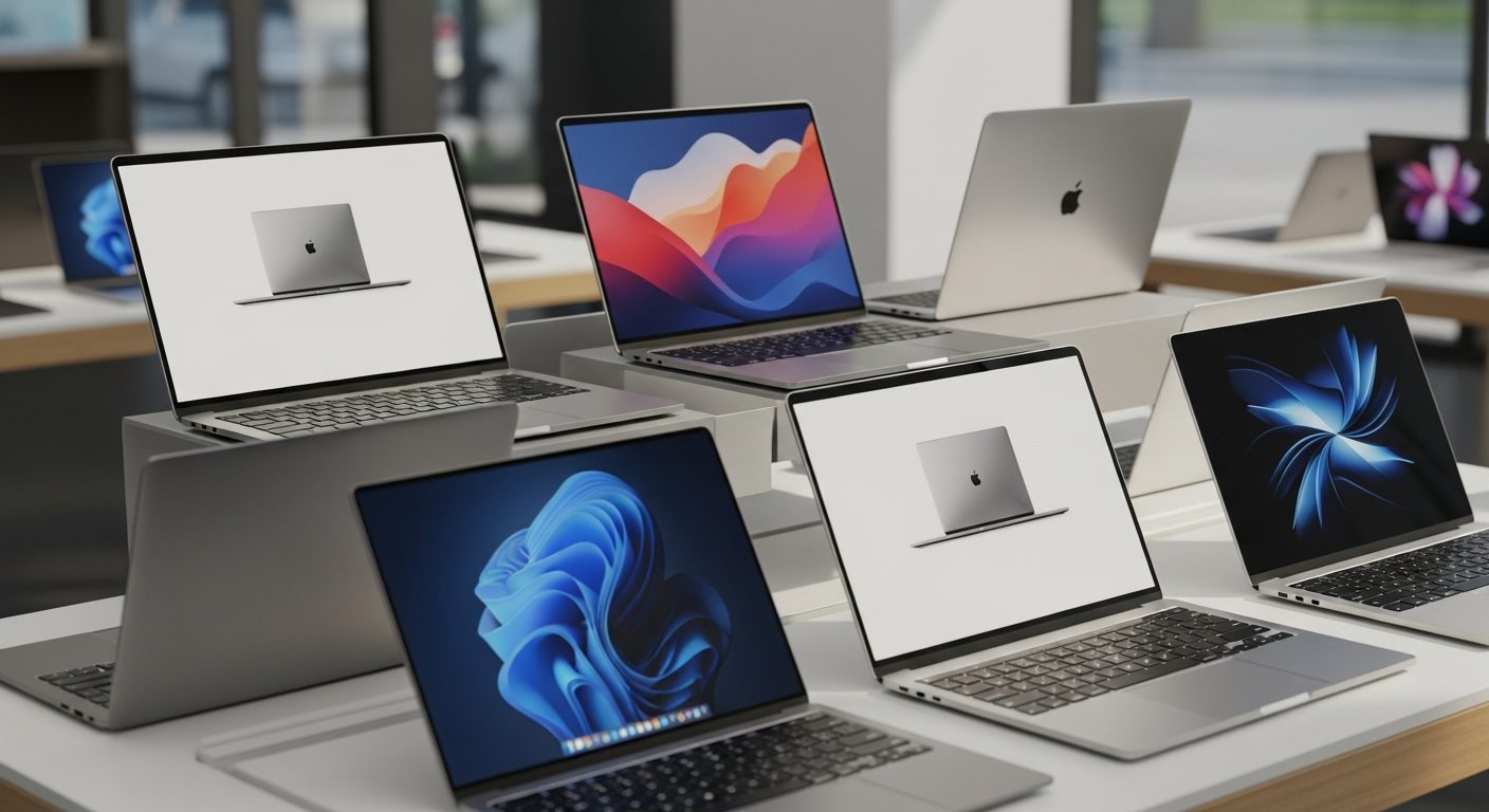 Laptops modernas en exhibición en tienda de tecnología