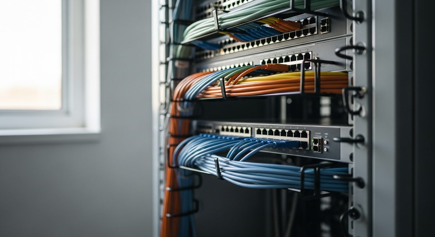 Rack de redes con switches y cables ordenados