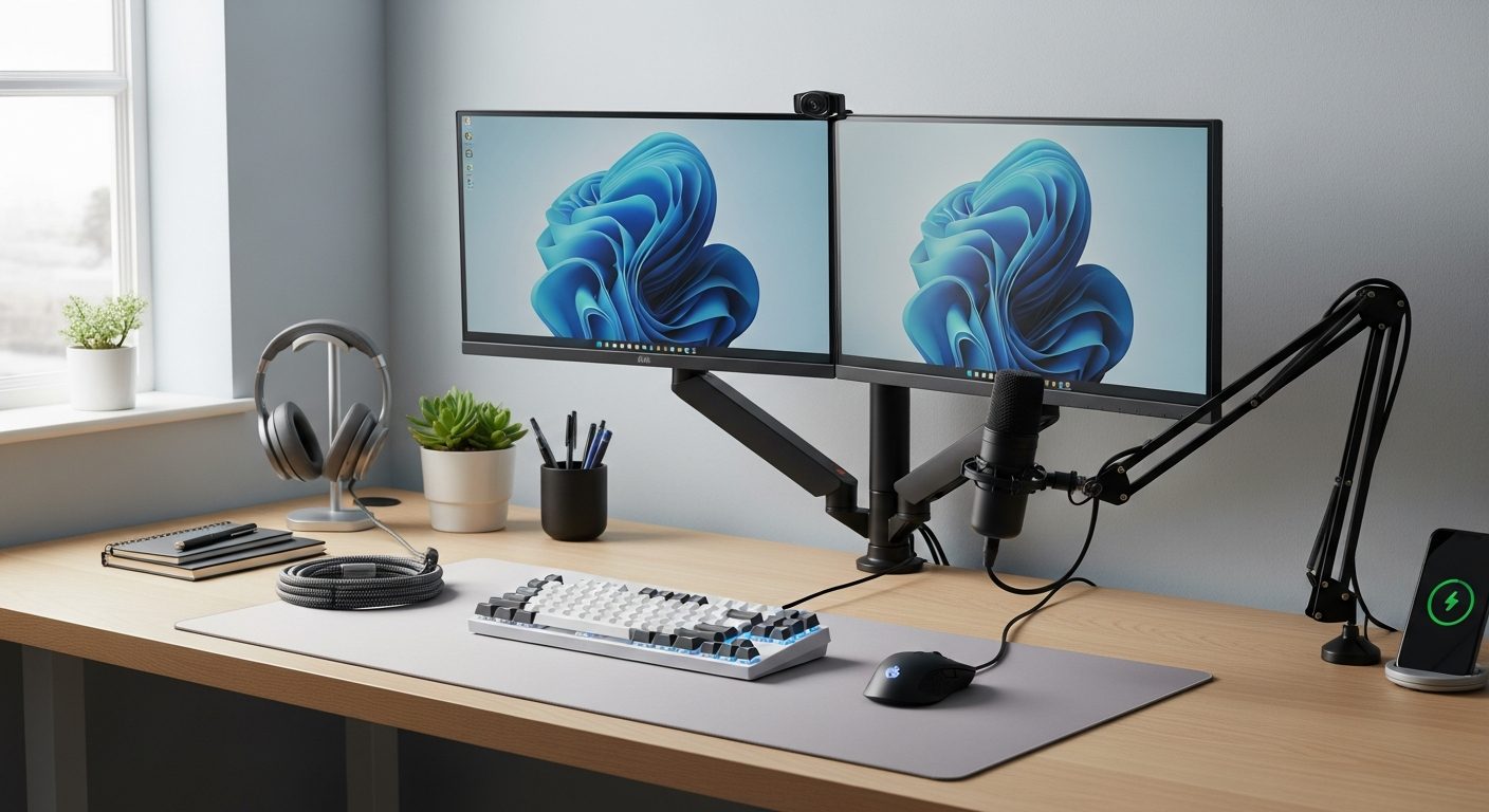 Estación de trabajo con doble monitor y accesorios